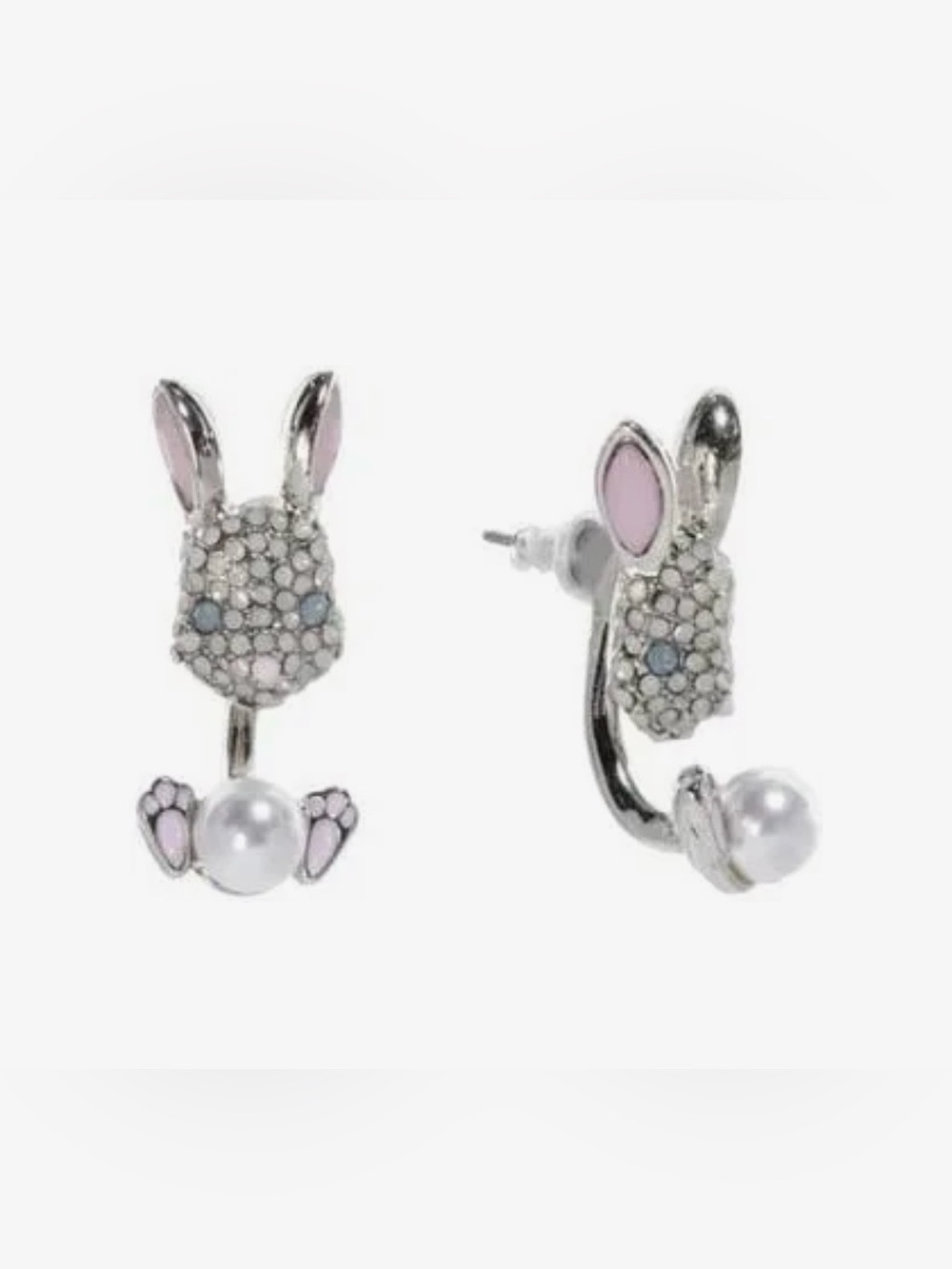 NWT Betsey Johnson Crystal Bunny Pearl Drop Earrings in Silver